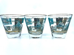 Vintage MCM Libbey Rocks Glasses Steamboat Southern Comfort Turquoise 22K 6 pc