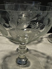 1930’s Wheel Cut Champagne Coupe Birds Flowers Leaves Glasses Margarita Set 6