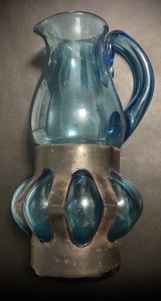 Vintage Felipe Derflingher Large Blue Pitcher Hand Blown Caged Glass