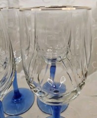 Crystal Wine Goblets Blue Stem Clear Bowl Gold Tone Rim Ribbed Glasses Set of 4