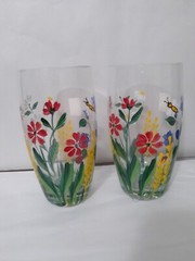 6 Romania Crystal Art Glass Hand Painted Flowers Butterfly Bee Detail