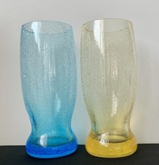 Vintage KITACHI Handmade Crackle Glass 2 Pc Set Blue & Yellow OTARU JAPAN Rare