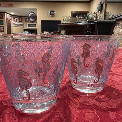 Rare MCM Culver Blue Fishnet 22K Gold Seafare “Seahorse” Rocks Glasses Set of 6