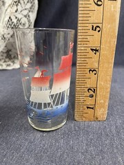 Vintage MCM Sailboat Glass Tumbler Nautical Red White Blue Sailing Ship