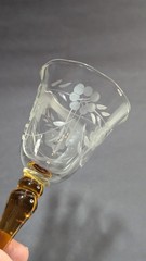 Vintage Amber Stem Floral Clear Cup Cordial Etched Glass 4″ Unknown Manufacturer
