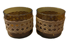 Pair 1970s Amber Juice Drink Blown Glasses w/ Rattan & Wicker CANE Collars 8oz