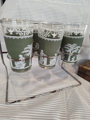 6 Vintage Wedgwood Green Jeanette Jasperware Grecian Highball Glasses & Bowl