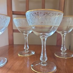 4 Glastonbury-Lotus Brocade Etched Gold Trim Champagne Saucer Glass L31 Unused