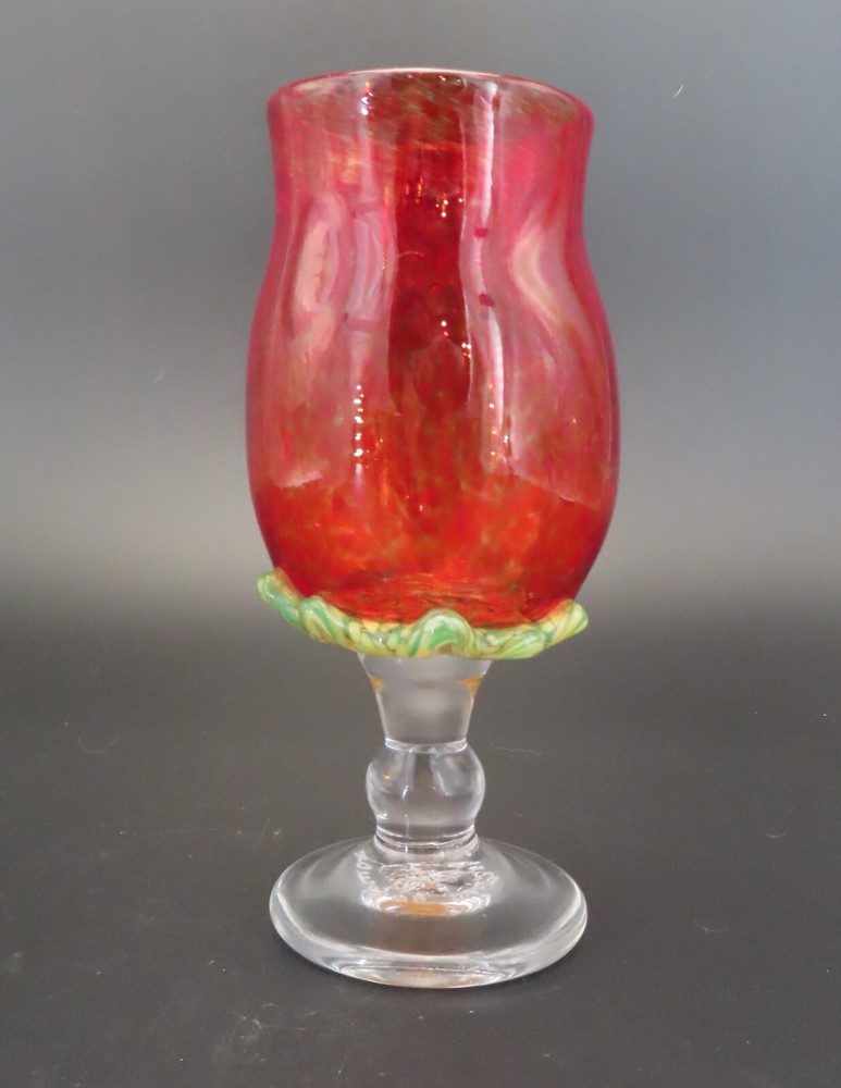 Hand Blown Art Glass Goblet Red with Green Leaves on base 2003 signed 8″ High
