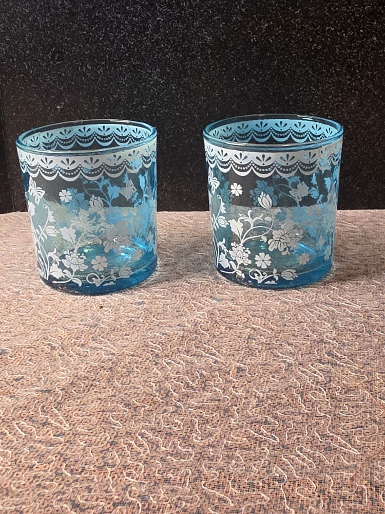 Vintage Polspotten Blue Tumblers with Lace Like Border Set of 2