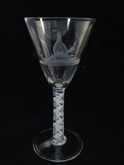 Beautiful Antique Air Twist Stem & Etched Glass Stemware: 2 Wine Glasses 7 7/8″t