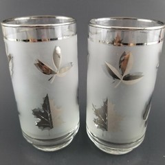 Set of 2 Vintage Libbey Frosted Silver Leaf 14 Oz Highball Glass Tumblers MCM