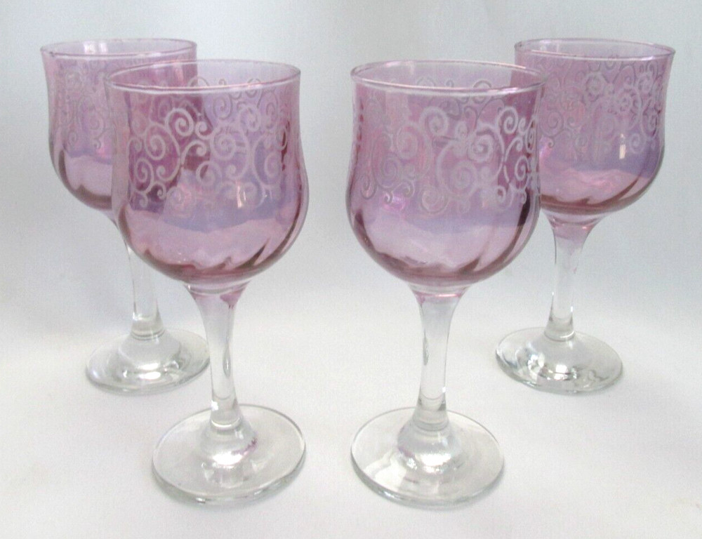Set of 4 Cristalleria Fumo Cranberry Etched Swirl Wine Glasses- Made in Italy