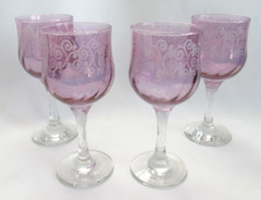 Set of 4 Cristalleria Fumo Cranberry Etched Swirl Wine Glasses- Made in Italy