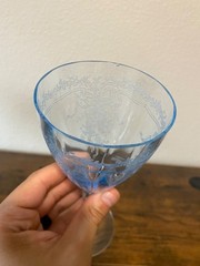 SET(4) VTG FOSTORIA Azure Blue JUNE Pattern Water Goblets 8.25″H DISCONTINUED