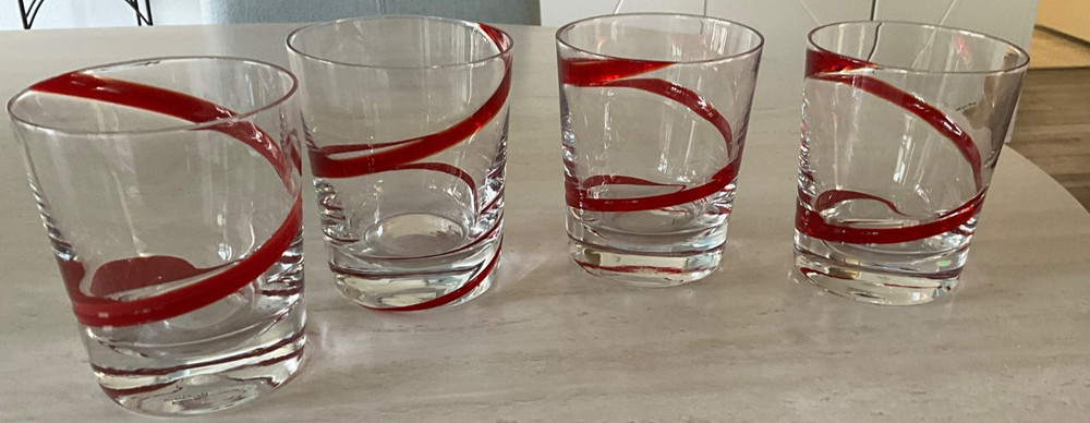 4 Pier One 4 1/4” Double Old Fashioned Whiskey Tumblers Red Swirl/Swirline Blown