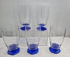 Set of 5 Beautiful Glasses Scalloped Cobalt Blue Bubble Base 6″ Tall Cocktail