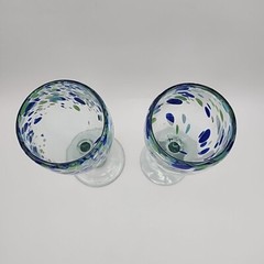 2 Hand Blown Art Glass Blue Aqua And Green Wine Glasses 8″ Festive Beach