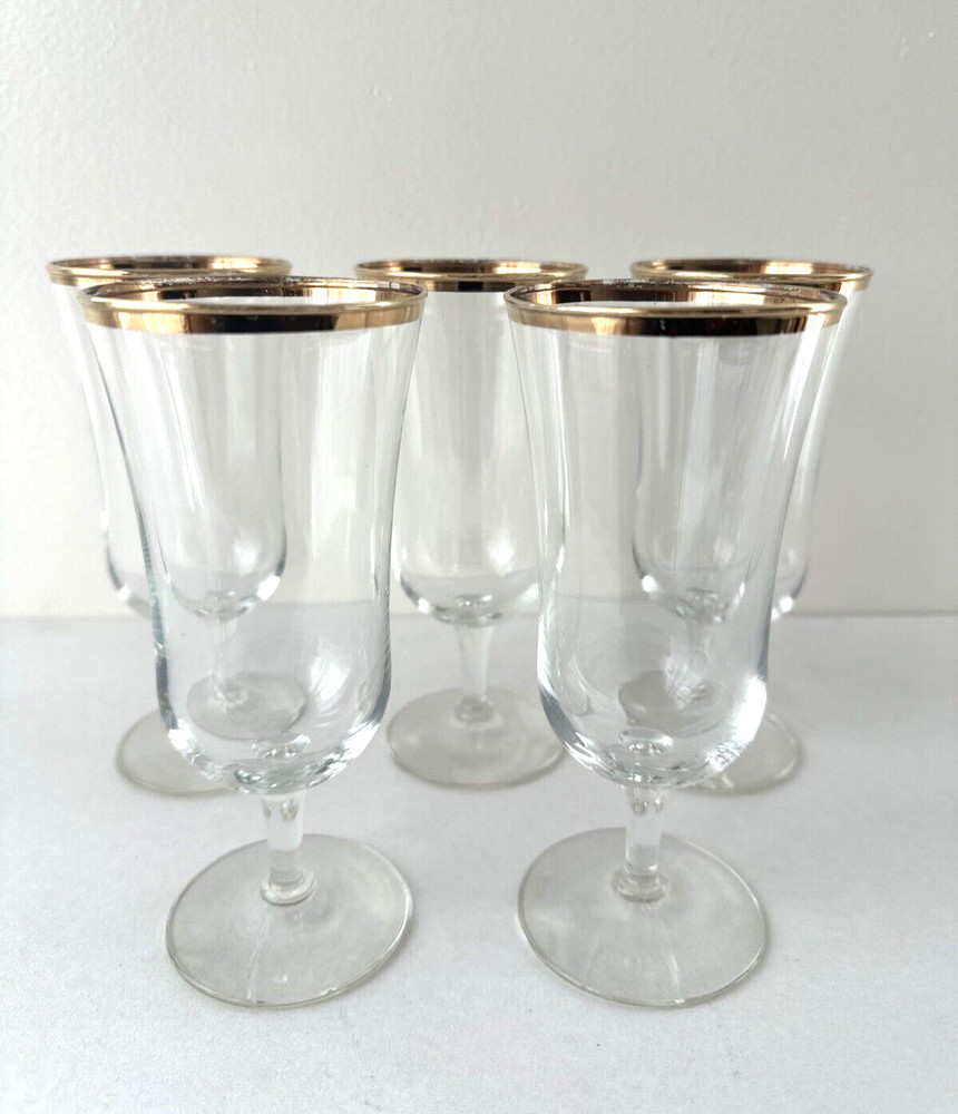 Set of 5 Gold Rim Parfait Cocktail Water Wine Footed Glasses 6-1/2″ tall 8 oz