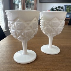Set of 2 Vtg. Westmorland Old Quilt Pattern White Milk Glass Goblet Compote 5.5”