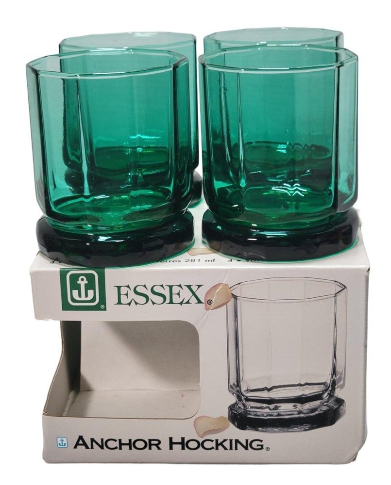 Anchor Hocking Essex Teal Green Aqua Rocks Old Fashioned Glasses Set of 4 NOS