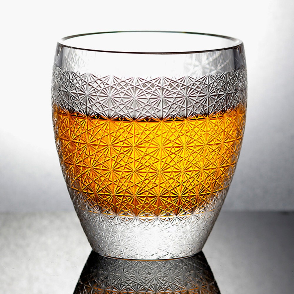 Hand Cut Clear K9 Crystal Whiskey Rock Glasses Edo Kiriko Chrysanthemum 9oz 1PC