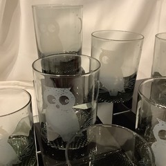 MCM Smoke Gray 4” On The Rocks Glass Owl on Branch w/Moon Stars – Set of 8