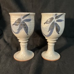 Pair Studio Pottery, 6-1/2″ Tall Redware Goblets with Grey Glaze and Blue Leaves