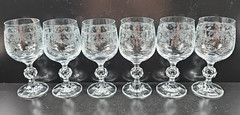 6) Import Assoc Cascade Wine Glass Set Vintage Clear Etch Stemware Retro Bar Lot