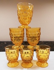 6 Vintage Indiana Amber Whitehall Cube Cubist Pattern 9 oz. Juice Glasses