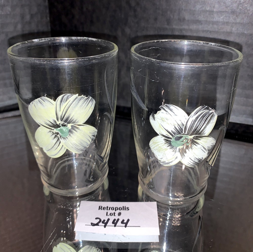 2 Hand Painted Clear Floral Juice Glasses Vintage