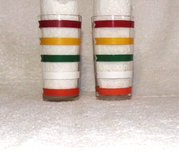 Jelly Jar Glasses Bands Red Yellow Green White Orange Set of 2 Lot OO