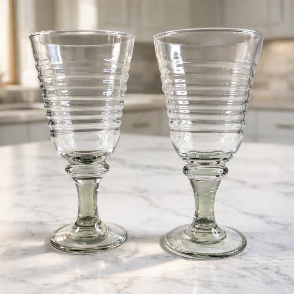 Vintage Libbey Sirrus Ribbed Ring Water Goblets Clear Stemmed Glasses Set of 2