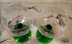 2-1970s Luminarc French Roemer WINE GLASSES Etched Grapevine, Green Beehive Stem