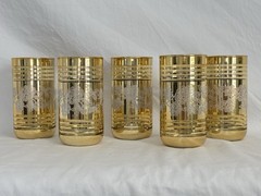 1960s Set Of 5 Gilt Gold Glass Cup Tumblers With Silver Roses, Clear Stripes MCM