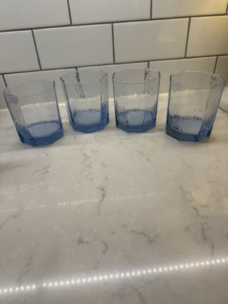 4 Vintage 1992 Royal Copenhagen Blue Glass Tumblers Rocks Octagon 10 Ounce