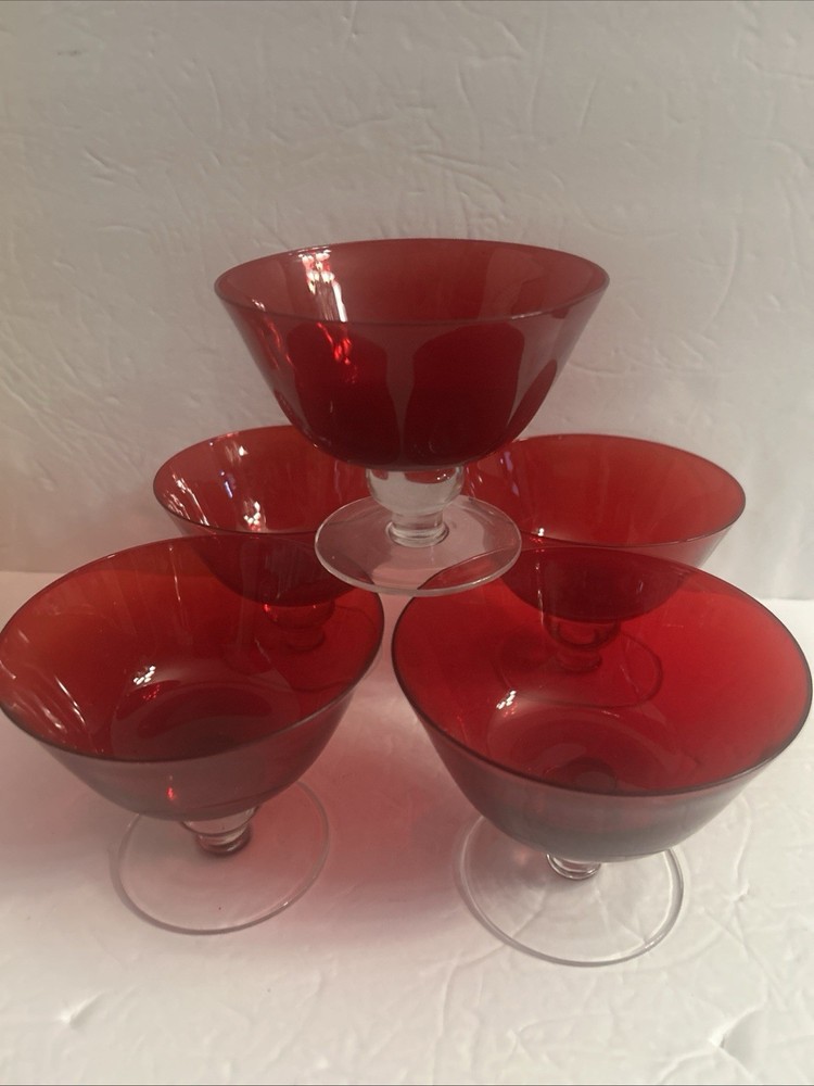 5 Vintage Cobalt Red -Clear Ball -Stem Bell Shape Hand Blown Glasses/Goblets