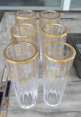 6 German Bohemian Facet Gold Gilt Glass Highball Tumblers 18th/19th Century