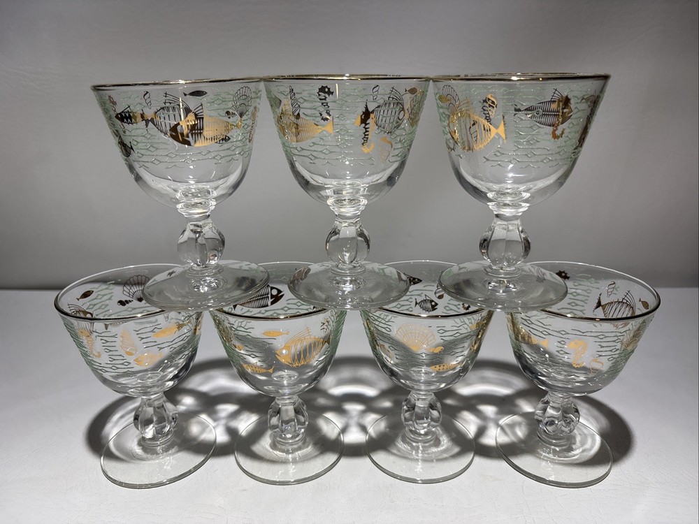 Set of 7 Vintage MCM Libbey 4″ Cordial Cocktail Marine Life Gold Rimmed Glasses