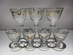 Set of 7 Vintage MCM Libbey 4″ Cordial Cocktail Marine Life Gold Rimmed Glasses
