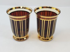 VTG MCM Art Deco Czech 3 Cocktail Glasses Gold Stripes Modernist Dark Amber Red