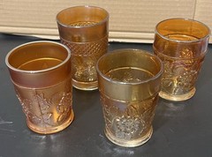 4 Antique Carnival Glass MARIGOLD Leaf Floral Tumblers – (2 Sizes 3 and 1)