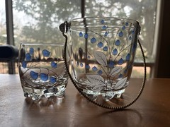 Giorgi Italy Ice Bucket And (5) Rocks Glasses Hand Painted Blue Flowers MCM