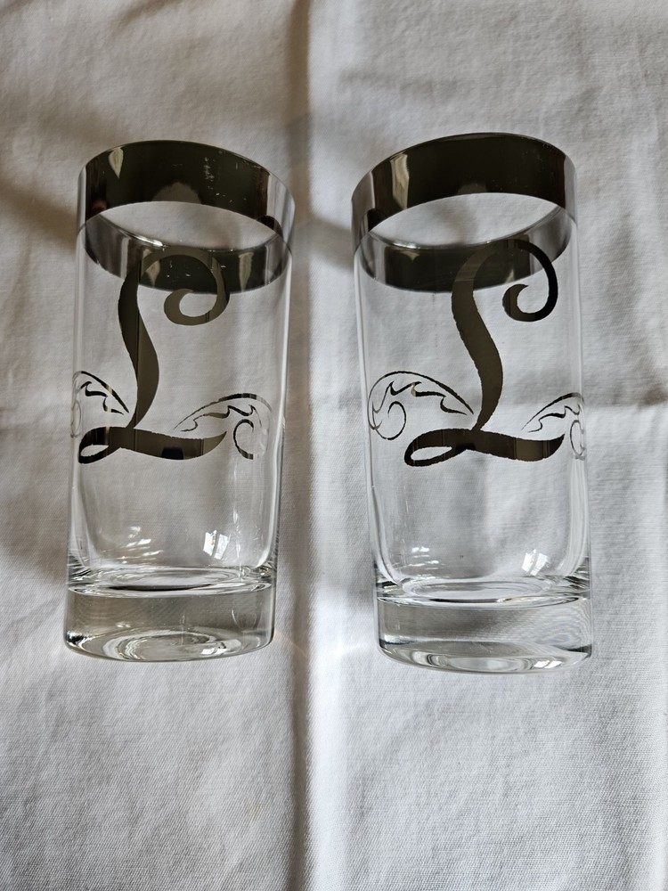 Vintage DorothyThorpe 2 Silver Rim Highball Glasses Scroll L Monogram MCM 1960’s