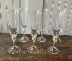 Set of 6 Murano Italy Champagne Glasses with Gold & Spiral Ribbed Design