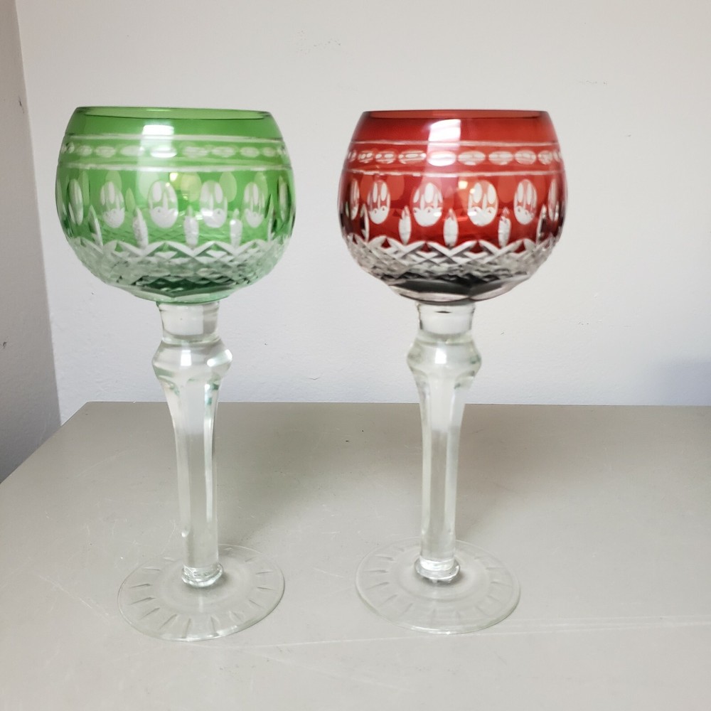 2 * Wine Hock Glasses RED & GREEN cut to Clear Crystal Triumph Imperial Estate