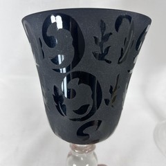 Pair of EBONY BLACK Footed STEMWARE Water Wine Goblets Paisley w/ Clear Stem