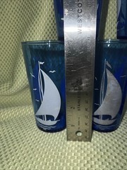 Vintage Hazel Atlas Cobalt Blue Seagulls Sailboat Glass Tumblers (8) 8 Oz 5” Ht
