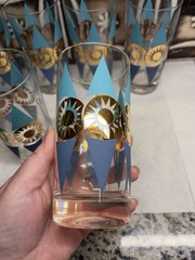 Set of 8 Federal Glass Nordica Turquoise & Gold Atomic Highball MCM Barware