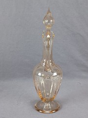 Bohemian Hand Enameled White Floral Optic Molded Amber Glass Liquor Cordial Set